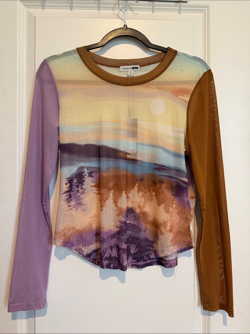 Fashion Nova Multicolor Scenic Print Long Sleeve Top — Lavender & Brown Sleeves
